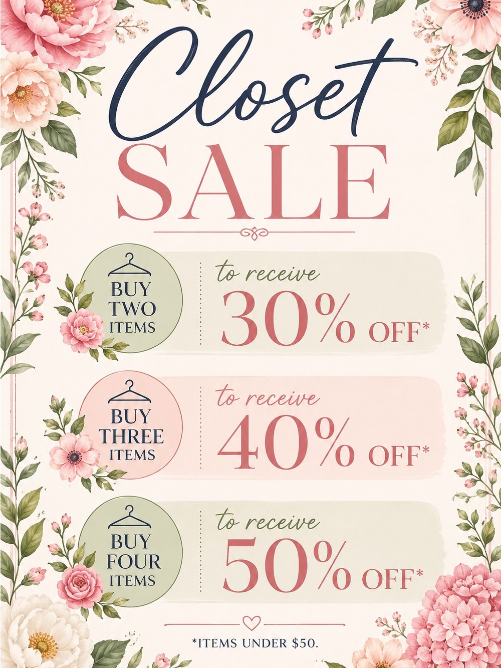 Closet Sale Promotional Poster - Pink Floral 30-50% Off